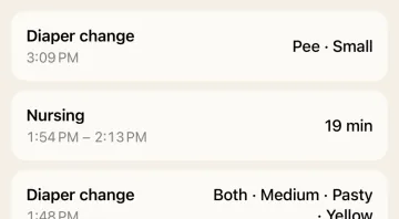 Timeline entries in Nibble for two diaper changes and a nursing session, each with its time and details.