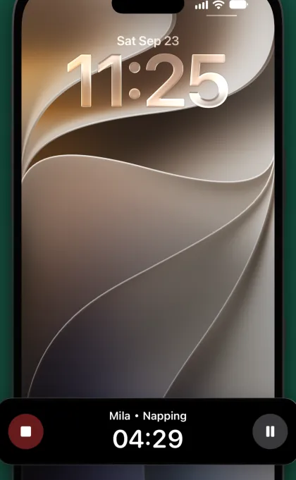 An iPhone Lock Screen with a Nibble Live Activity showing a nap timer with pause and stop buttons.
