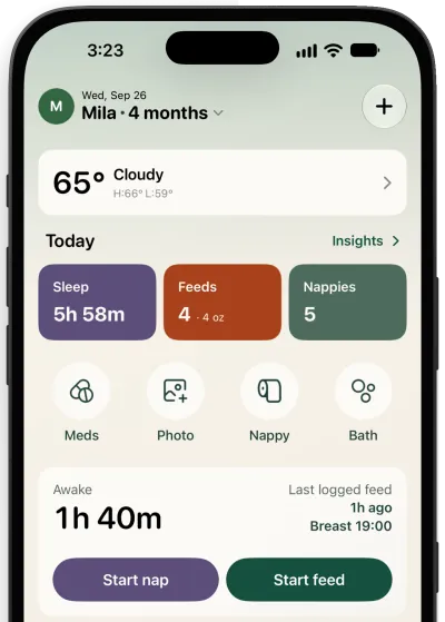 The Nibble home screen on iPhone showing today's sleep, feeds, and diaper totals, a weather card, and Start nap and Start feed buttons.