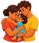 Illustration of two parents hugging their toddler.