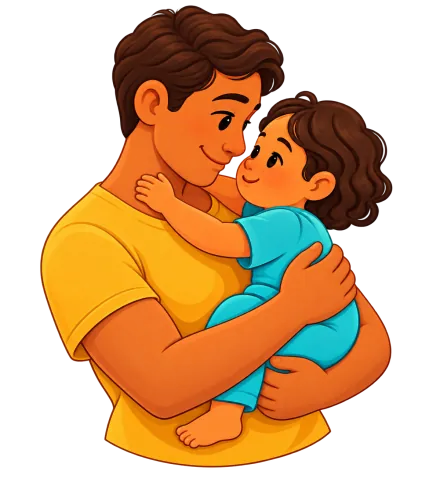 Illustration of a smiling parent holding a toddler close in a warm hug.