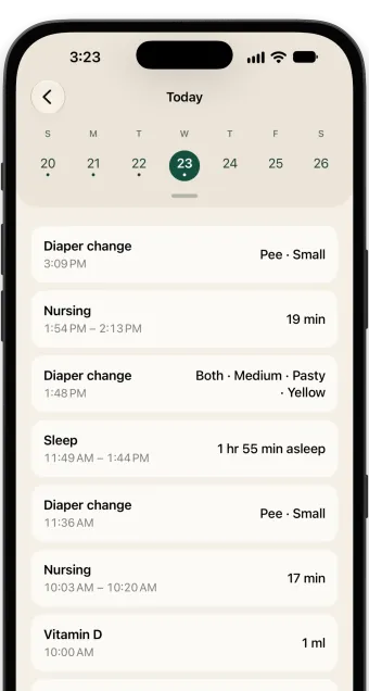The Nibble timeline for one day listing diaper changes, nursing sessions, and a nap in order.