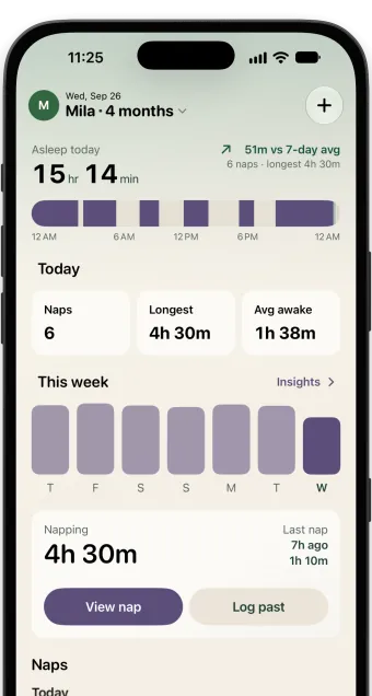 The Nibble sleep screen showing total sleep today, nap count, longest nap, and a weekly sleep chart.